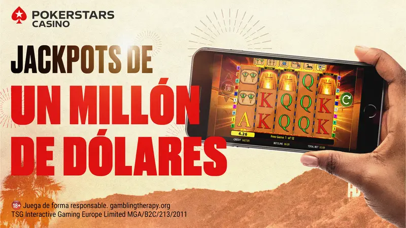 Captura oficial de la app PokerStars Casino con una tragamonedas de jackpot, tomada de la App Store de México