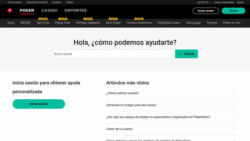 Página de inicio del Centro de Ayuda de PokerStars en español con el saludo Hola, ¿cómo podemos ayudarte?, el buscador y las categorías