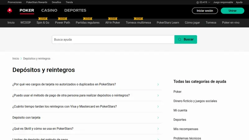 Centro de Ayuda de PokerStars, categoría Depósitos y reintegros